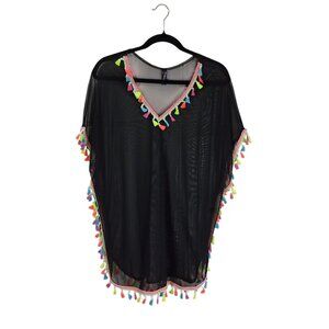Black Sheer Mesh Beach Cover-Up With Tassel Trim & V-Neckline By Fashion Love